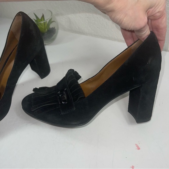 Franco Sarto black Suede Ainsley loafer pump block heel tassel fringe toes - Picture 3 of 8